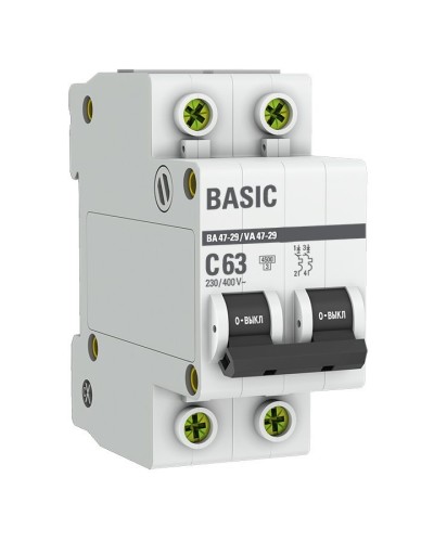 Автоматический выключатель 2P 63А (C) 4,5кА ВА 47-29 Basic (mcb4729-2-63C). Автоматический выключатель. EKF в Петрозаводске