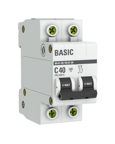 Автоматический выключатель 2P 40А (C) 4,5кА ВА 47-29 Basic (mcb4729-2-40C). Автоматический выключатель. EKF в Петрозаводске