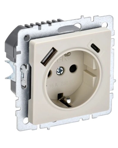 Розетка с з/к с USB A+C 18Вт РЮш11-1-БрКр бежевый BRITE (BR-R14-16-U22-018-K10). Розетка с заземлением с защитными шторками, 18Вт. IEK в Петрозаводске
