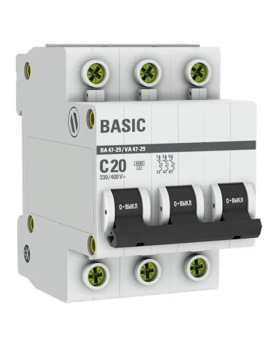 Автоматический выключатель 3P 20А (C) 4,5кА ВА 47-29 Basic (mcb4729-3-20C). Автоматический выключатель. EKF в Петрозаводске