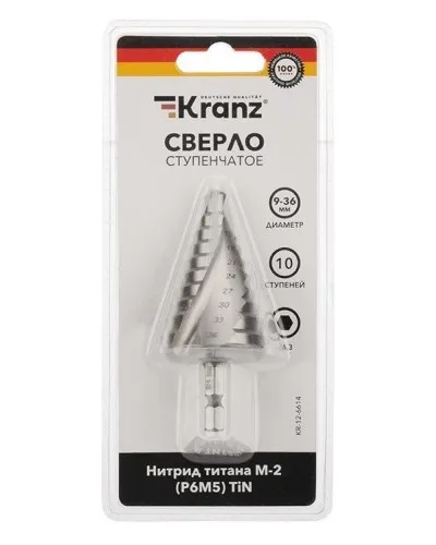 Сверло по металлу ступенчатое ТИТАН 9,0-36,0 мм 110 mm 65 HRC Р6М5 TiN Kranz (KR-12-6614): Сверло по металлу шлифованное в Петрозаводске