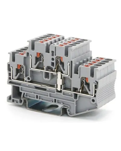 Клемма двухуровневая, зажим push-in, 2.5 кв.мм, серая (VPRTT-2.5-PV-GY). Клемма проходная, 4 точки подключения, уровни соединены перемычкой. ДКС в Петрозаводске